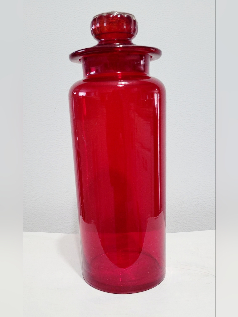 Vintage Red Glass Apothecary Jar w/ Lid 9” Tall Retro Decor